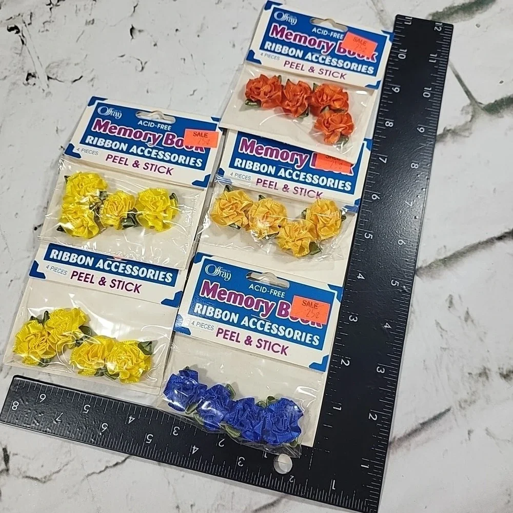 Vintage Peel & Stick Ribbon Roses‎ Lot Of 5 Packs Yellow Blue Orange Crafts